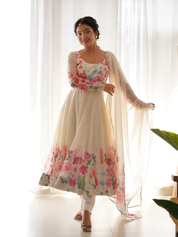 Cream Flower Printed Anarkali Gown With Pant & Dupatta Set