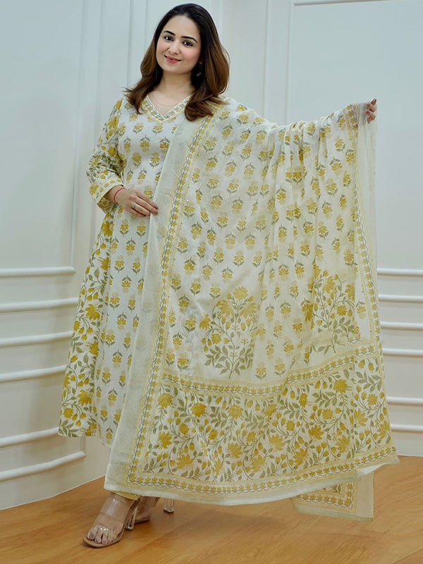 Yellow Cotton Afghani Kurti With Pant & Dupatta Set