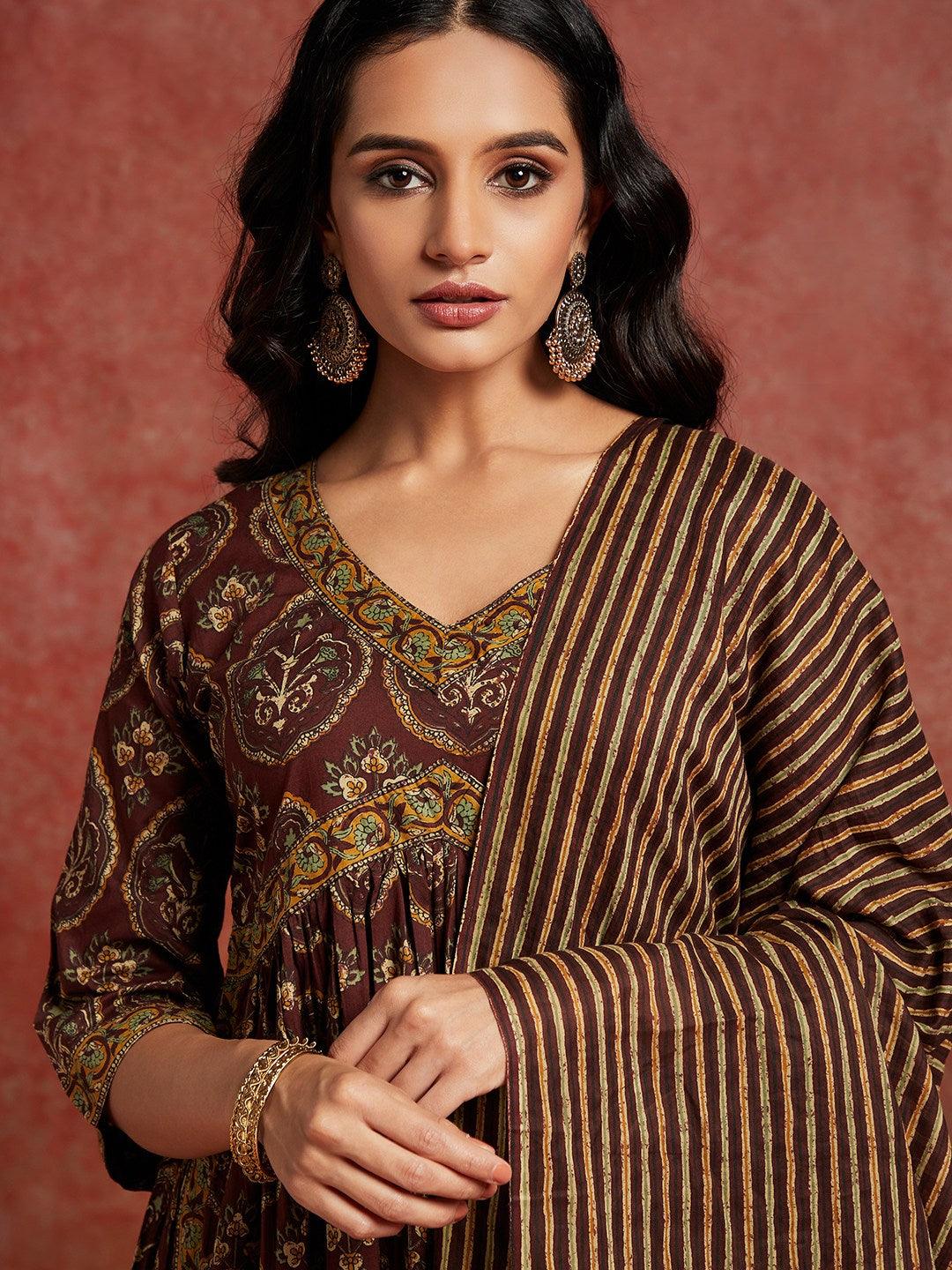 Brown Printed Cotton A-Line Kurta With Trousers & Dupatta