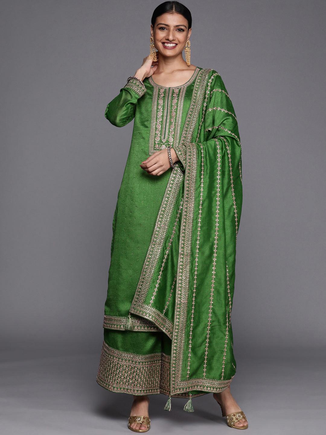 Green Embroidered Silk Blend Straight Kurta With Palazzos & Dupatta