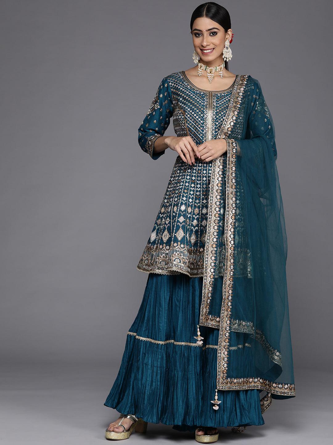 Art Blue Embroidered Silk Anarkali Suit Set