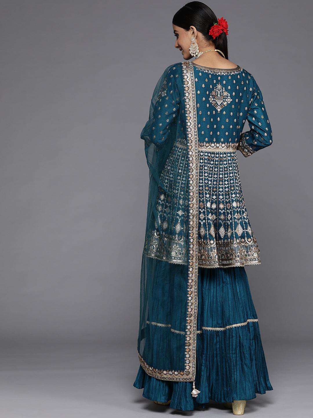 Art Blue Embroidered Silk Anarkali Suit Set