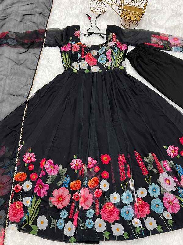 Flower Black Printed Anarkali Gown With Pant & Dupatta Set