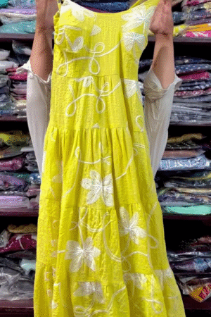 Sunshine Bloom – Yellow Floral Printed Tiered Dress with Dupatta Set