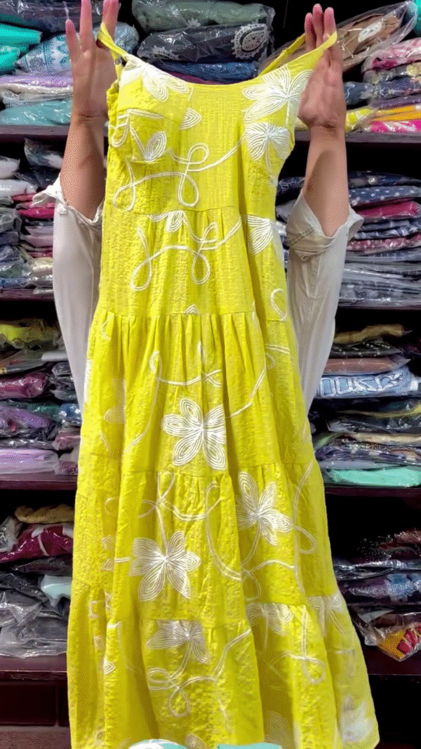Sunshine Bloom – Yellow Floral Printed Tiered Dress with Dupatta Set