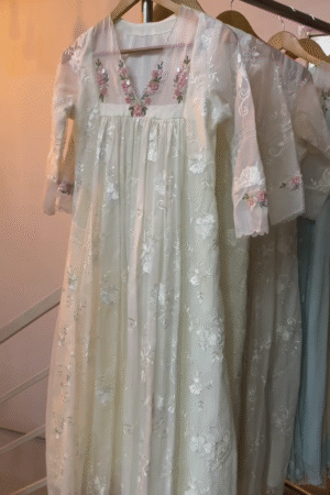 Ethereal Grace – White Printed Cotton Kurta Set with Slip & Pants