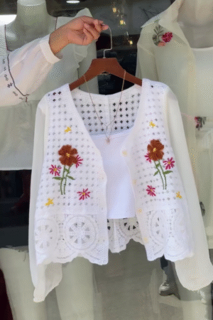 Women’s Crochet Sleeveless Sweater Vest – Floral Knitted Button-Up Waistcoat