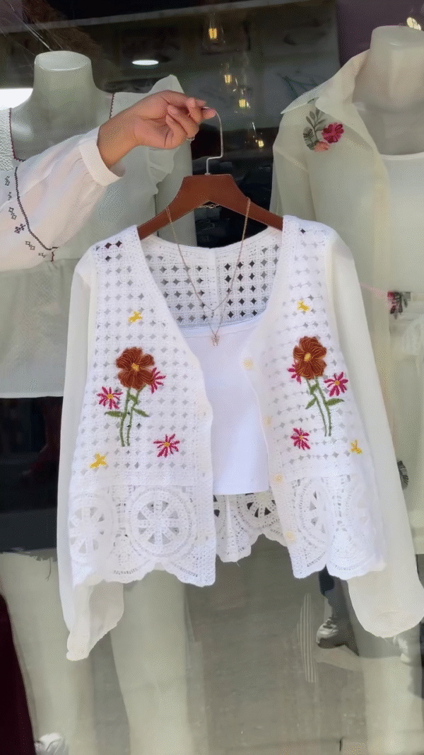 Women’s Crochet Sleeveless Sweater Vest – Floral Knitted Button-Up Waistcoat