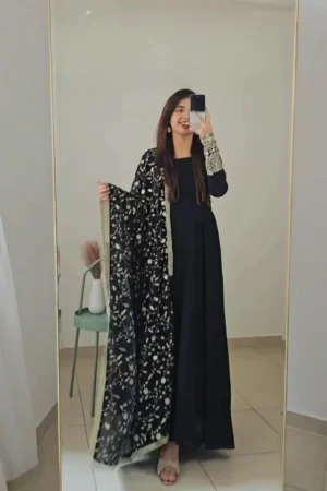 Elegant Black Anarkali Set with Printed Dupatta
