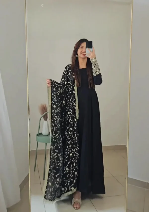 Elegant Black Anarkali Set with Printed Dupatta