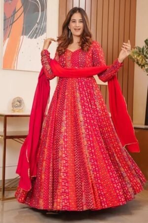 Magenta Red Anarkali Gown With Dupatta Set