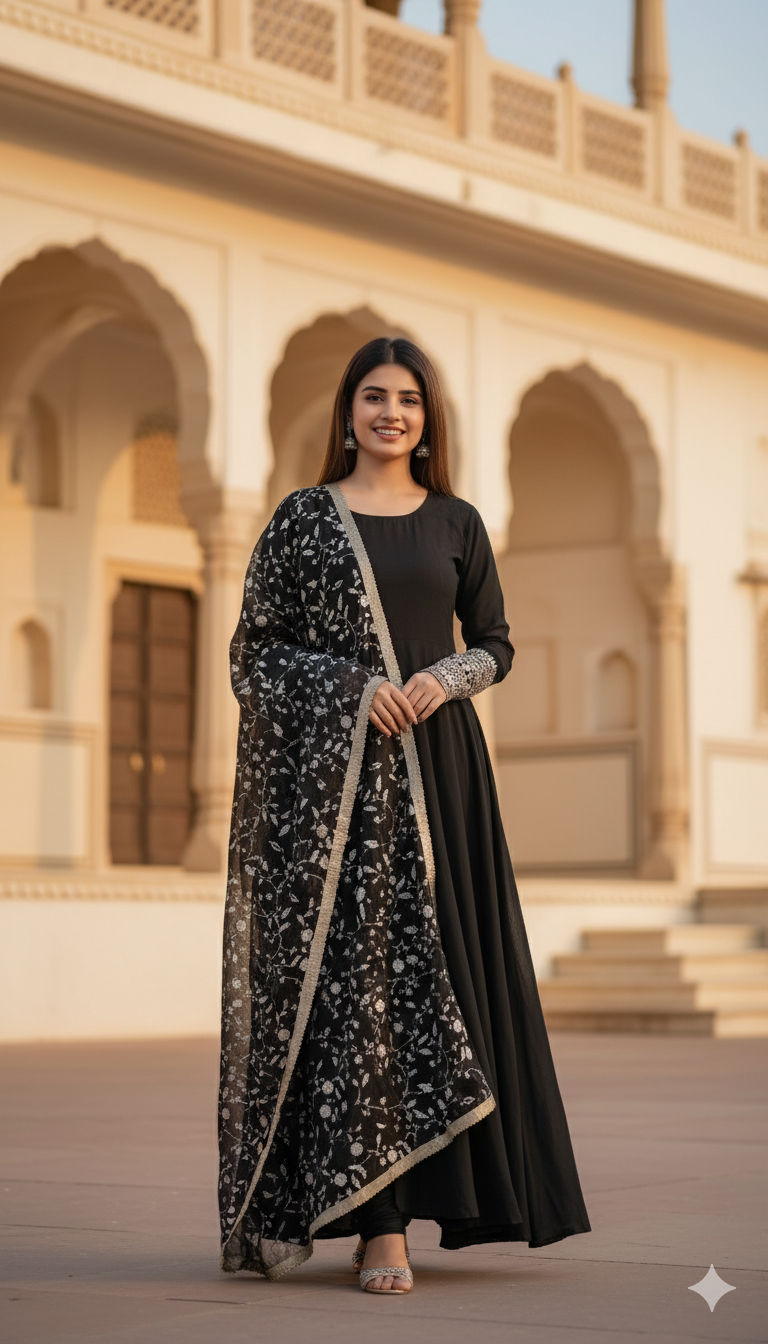 Embroidered Solid Anarkali Kurta, Bottom & Dupatta Set – Elegant Ethnic Ensemble for Women