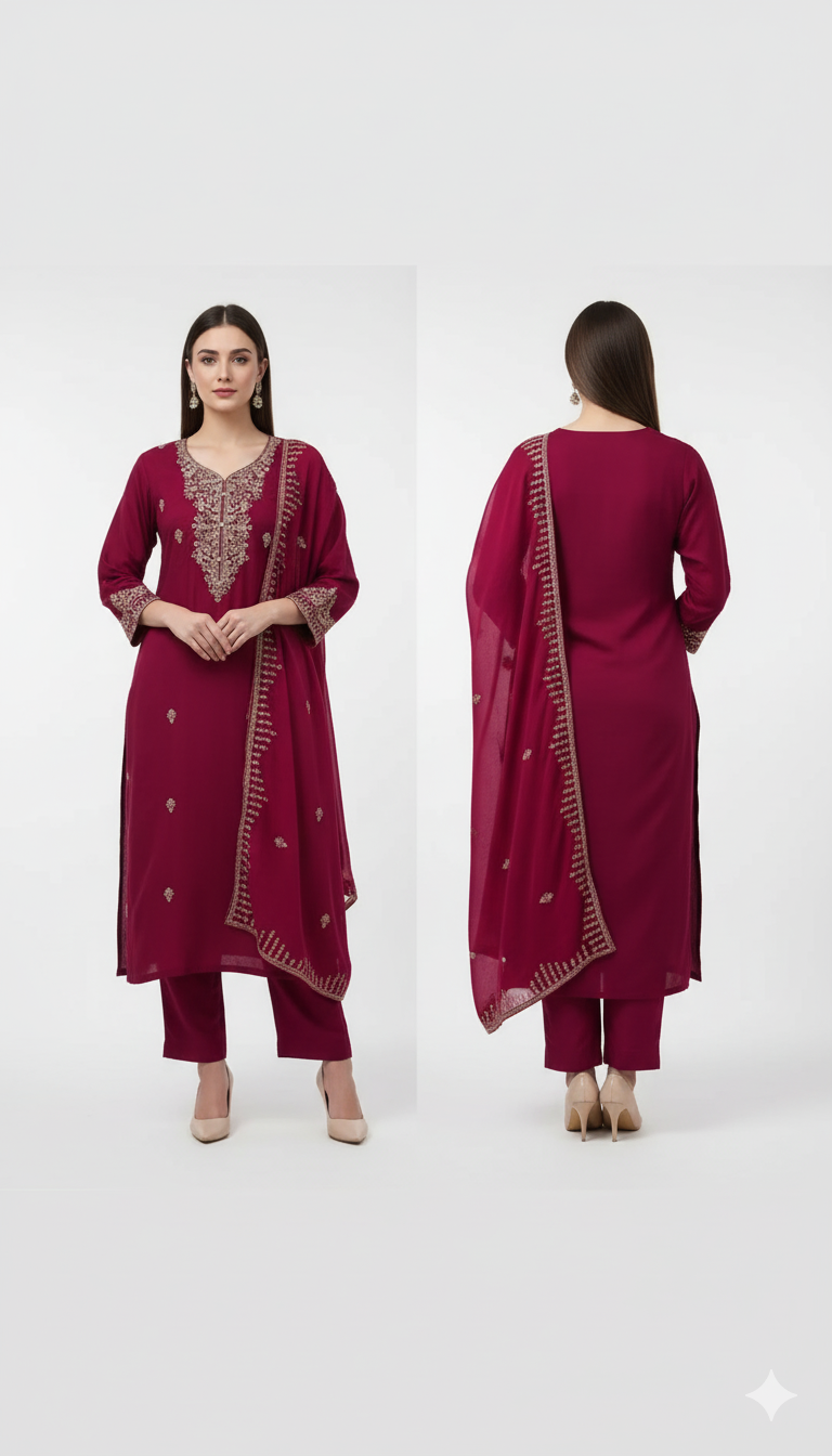 Women’s Embroidered Straight Kurta with Pants & Dupatta – Elegant Ethnic Ensemble