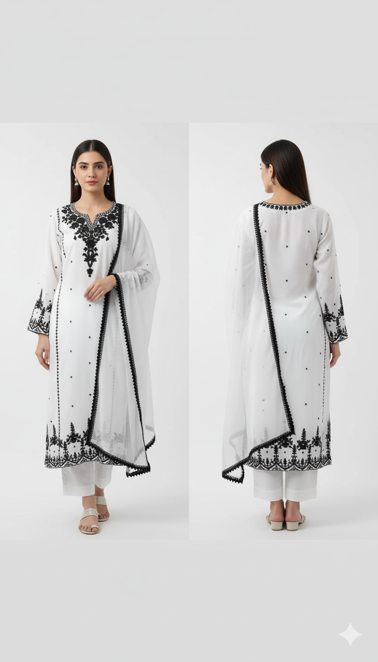 Women's Black & White Chinon Embroidered Kurta Palazzo Set with Embroidered Dupatta – Elegant Ethnic Ensemble