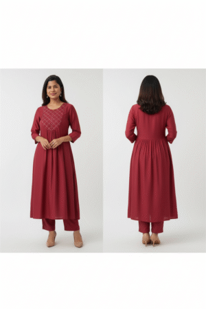 Maroon Ethnic Motifs Embroidered V-Neck Mirror Work Anarkali Kurta – Regal Ethnic Elegance for Women