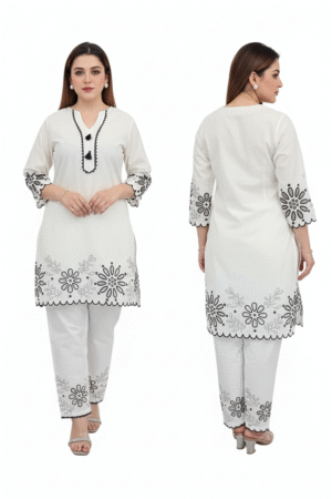 Women’s White Kurti & Pant Set with Black Embroidery – Elegant Ethnic Ensemble