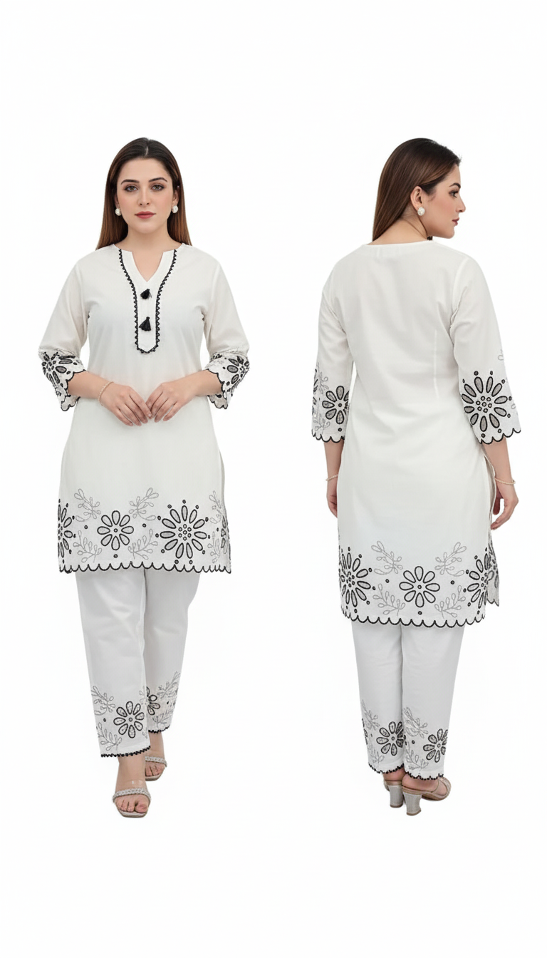 Women’s White Kurti & Pant Set with Black Embroidery – Elegant Ethnic Ensemble