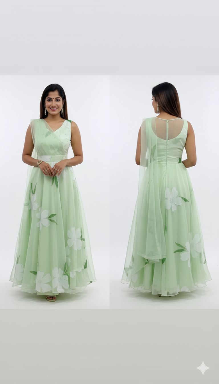 Aaira Floral Printed V-Neck Anarkali Kurta with Trousers & Dupatta – Ethnic Elegance Redefined