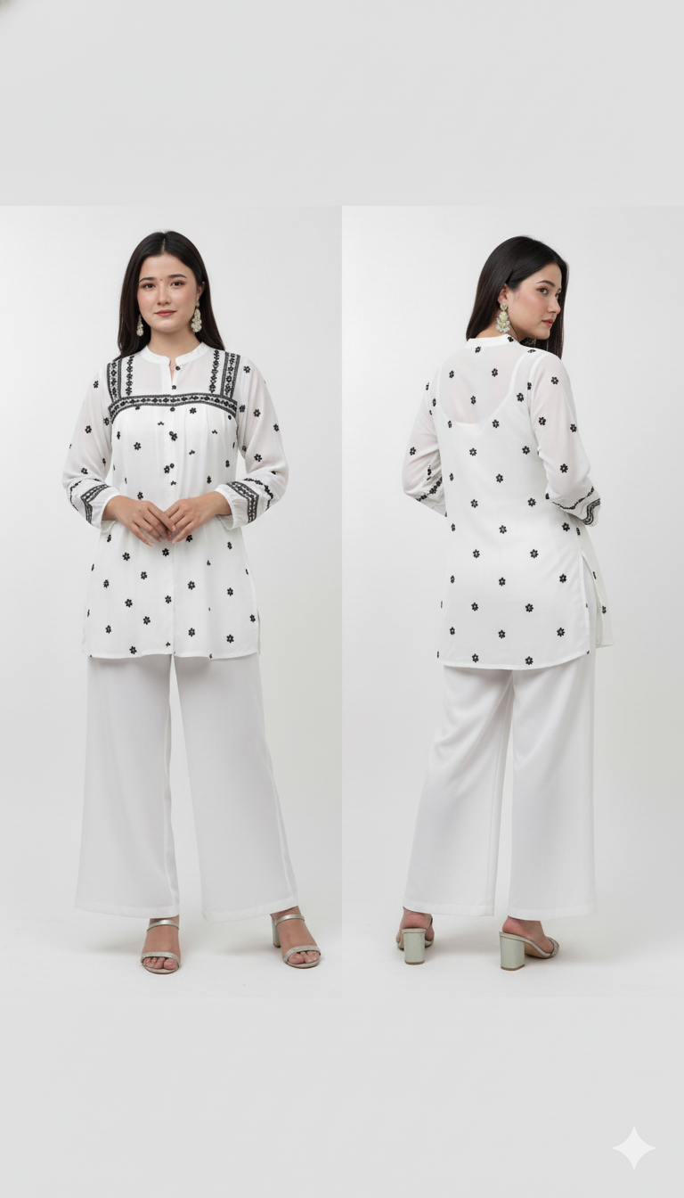 Floral Embroidered Chikankari Flared Sleeves Straight Short Kurta – Ethnic Elegance with Modern Charm