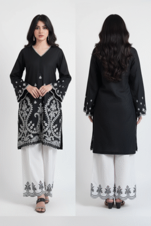 Women Embroidered Trending Pakistani Full Sleeves Viscose Rayon Kurta Set – Black Elegance