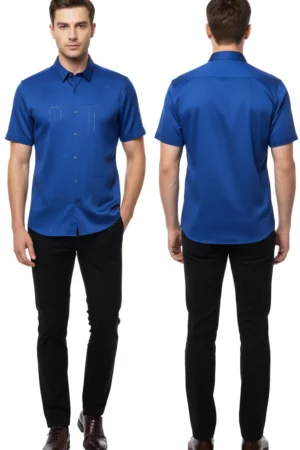 Men’s Blue Regular Fit Textured Half Sleeves Formal Shirt – Where Sophistication Meets Everyday Comfort