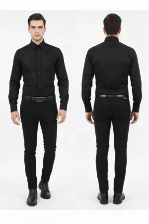 Hand Embroidered Cotton Silk Shirt in Black – Where Tradition Meets Modern Sophistication