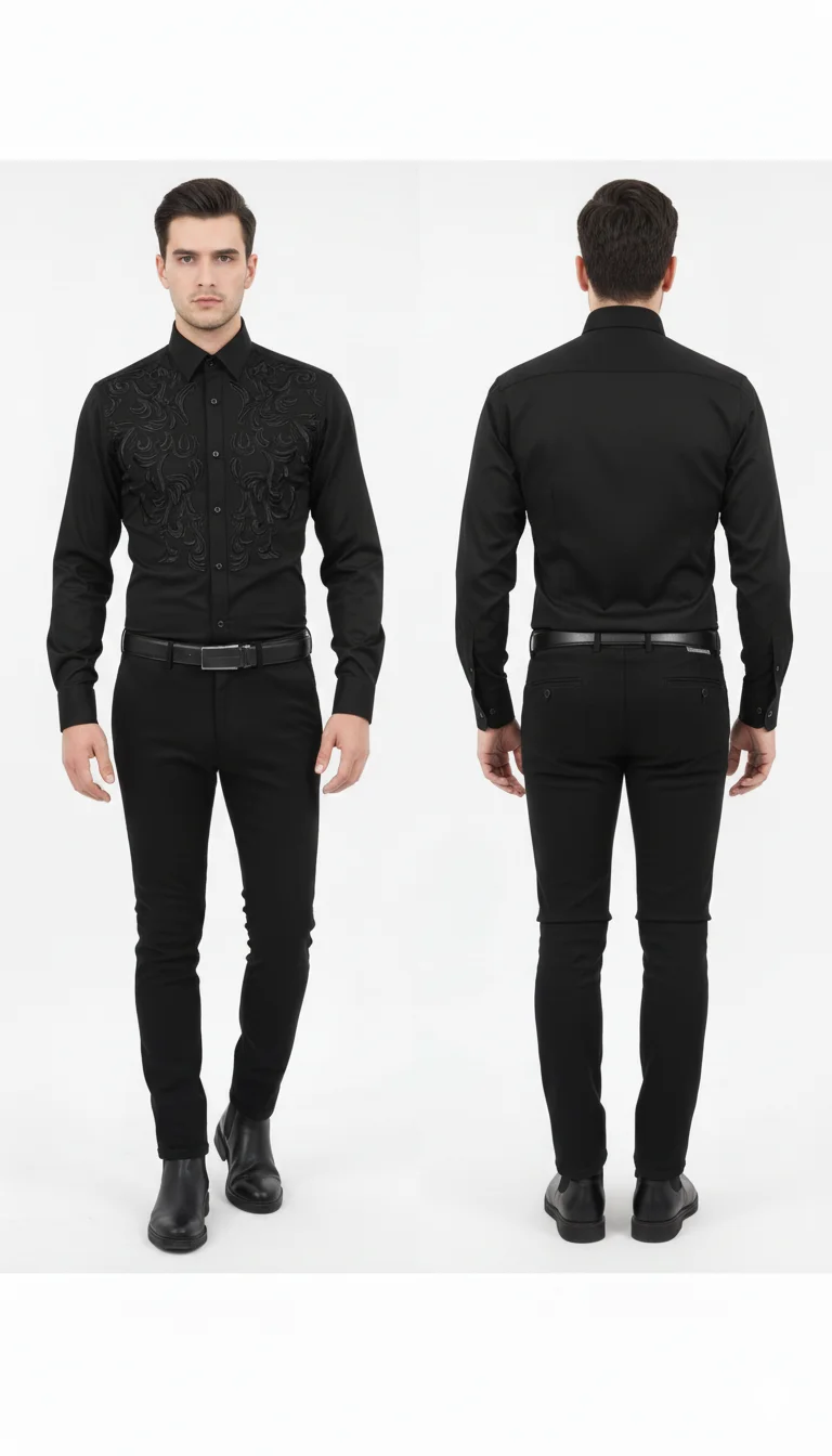 Hand Embroidered Cotton Silk Shirt in Black – Where Tradition Meets Modern Sophistication