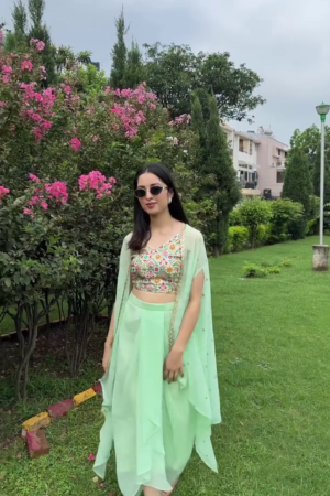 Printed Shoulder Straps Top & Skirt with Shrug