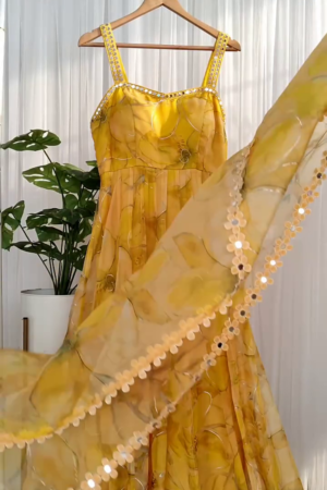 Anarkali Gown in Organza With Floral Print Real Mirror and Sequins Dupatta