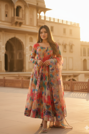 Women’s Georgette Floral Printed Fit and Flare Anarkali Kurta with Dupatta – Graceful Elegance for Every Occasion