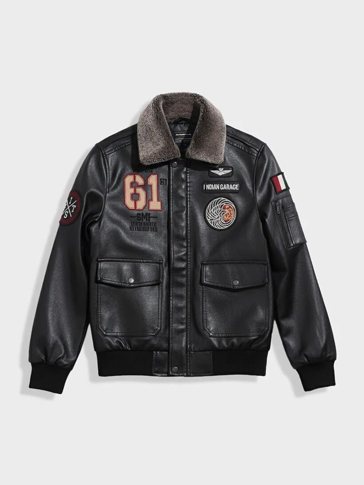 Black faux leather aviator bomber jacket with fleece collar