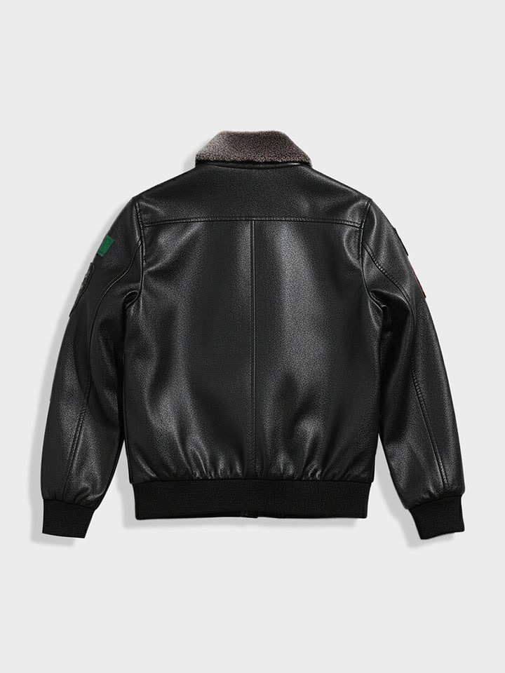 Black faux leather aviator bomber jacket with fleece collar