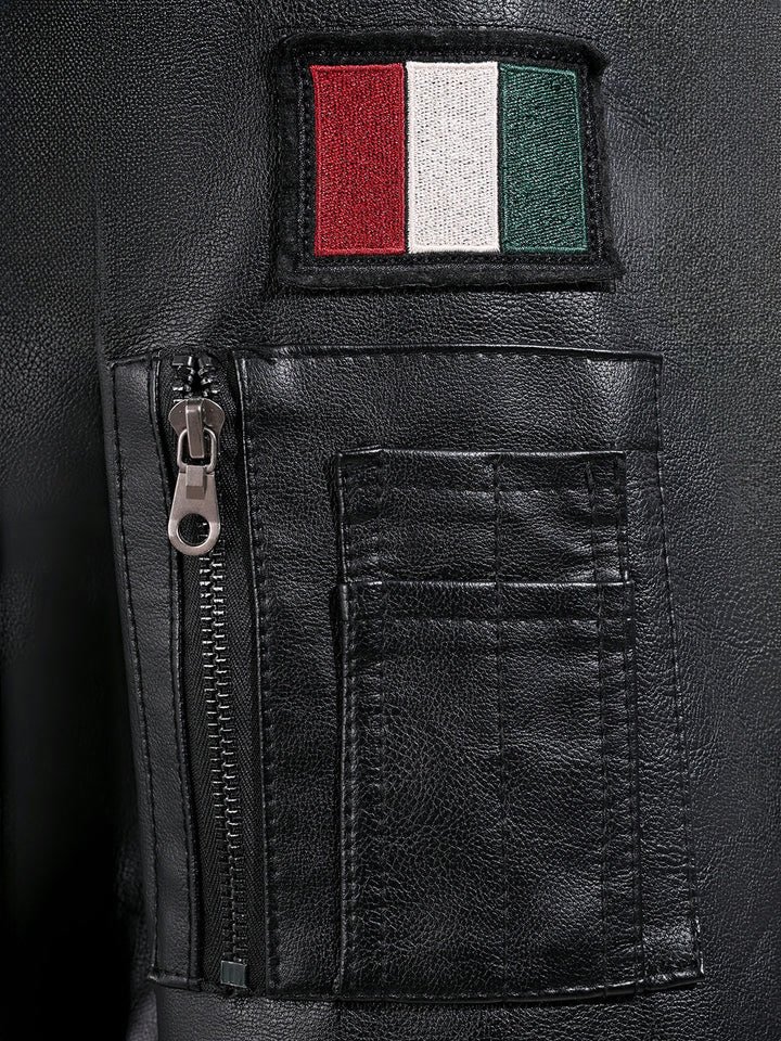 Black faux leather aviator bomber jacket with fleece collar