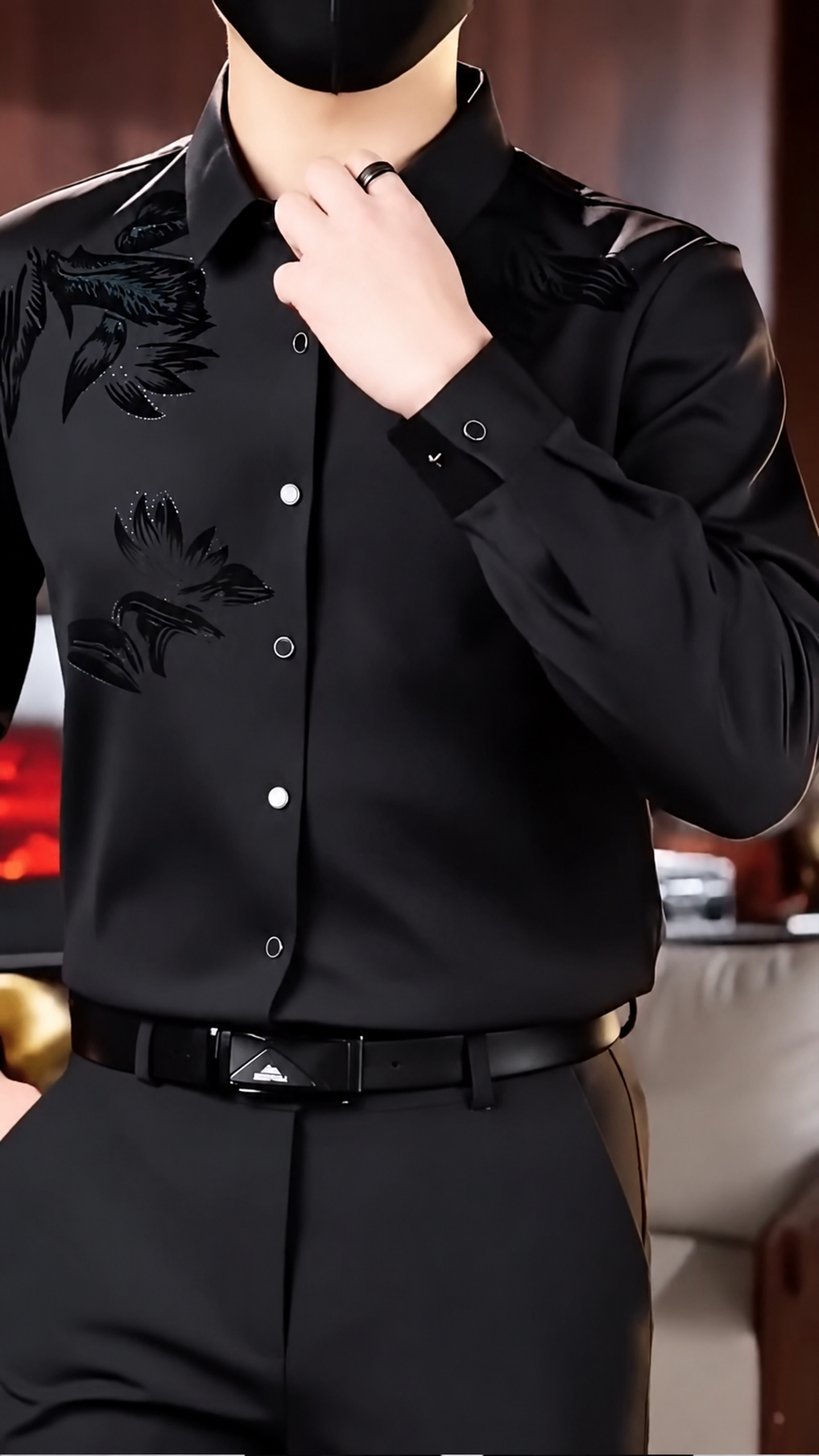 Men's Silk Satin Shirt Floral Slim Fit Long Sleeve Dress Shirt Casual Soft Shirt