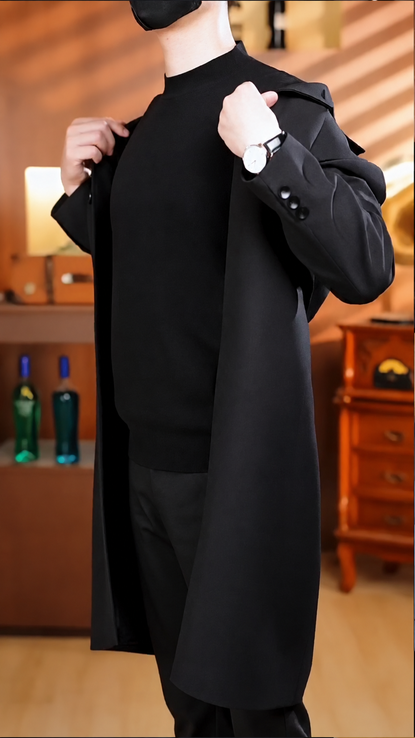Men's Casual Trench Coat Slim Fit Notched Collar Long Jacket Overcoat Single Breasted Pea Coat wih Pockets - Image 2